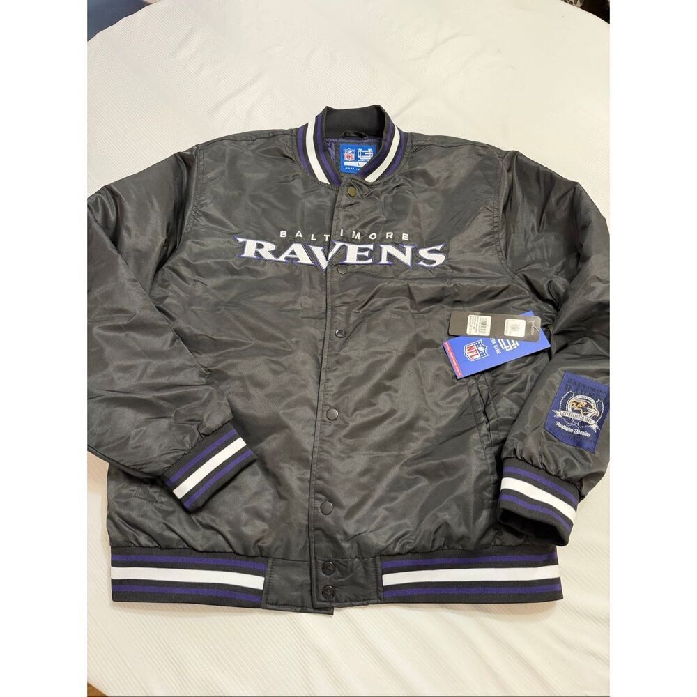 Large Baltimore Ravens Ultra Game NFL Black Varsity Bomber Snap Jacket Lamar